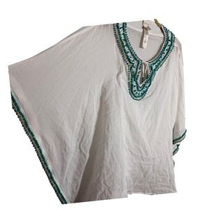 Chicos Womens One Size White Cotton Beaded Kaftan Top Boho Turquoise V-Neck